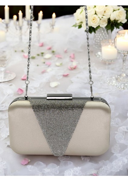 Ten Renk Saten Gümüş Taşlı Abiye Çanta Gece Çantası Nişan Düğün Çantası fırsatları