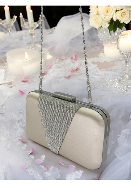 Ten Renk Saten Gümüş Taşlı Abiye Çanta Gece Çantası Nişan Düğün Çantası indirimleri