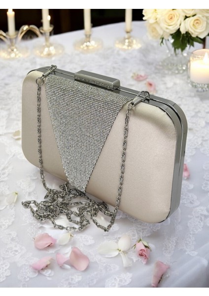 Ten Renk Saten Gümüş Taşlı Abiye Çanta Gece Çantası Nişan Düğün Çantası