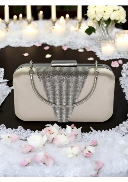 Ten Renk Saten Gümüş Taşlı Abiye Çanta Gece Çantası Nişan Düğün Çantası