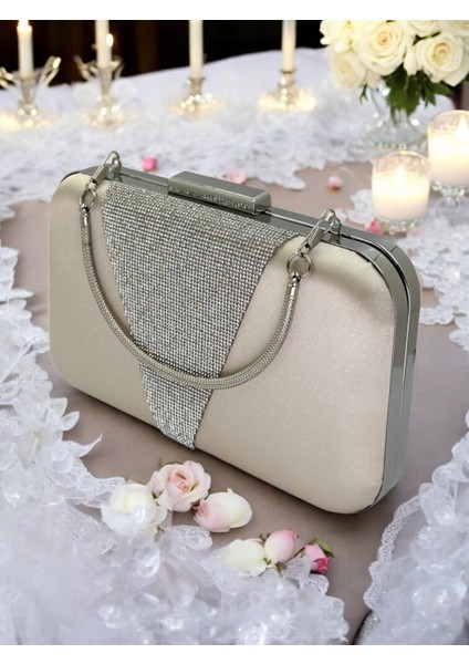 Ten Renk Saten Gümüş Taşlı Abiye Çanta Gece Çantası Nişan Düğün Çantası