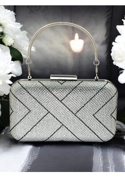 Gümüş ve Siyah Taşlı Metal Saplı Kadın Abiye Çanta Düğün Nişan Mezuniyet modelleri