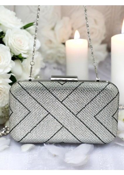 Gümüş ve Siyah Taşlı Metal Saplı Kadın Abiye Çanta Düğün Nişan Mezuniyet