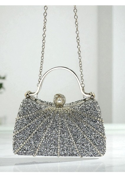 Gümüş Gri Lame Renk Taşlı Gümüş Detaylı Zincir Askılı Kadın Abiye Mezuniyet Kına Nişan Balo Çantası indirimleri