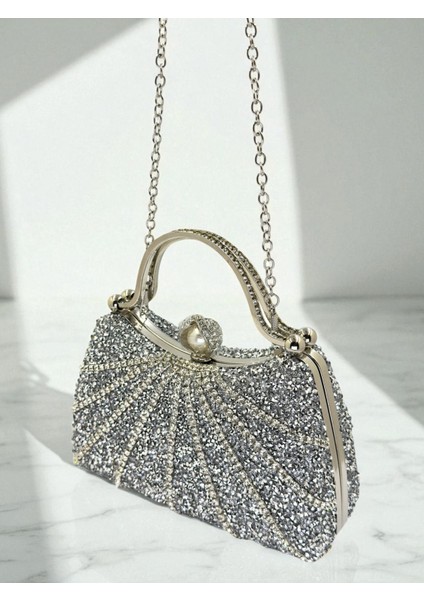 Gümüş Gri Lame Renk Taşlı Gümüş Detaylı Zincir Askılı Kadın Abiye Mezuniyet Kına Nişan Balo Çantası