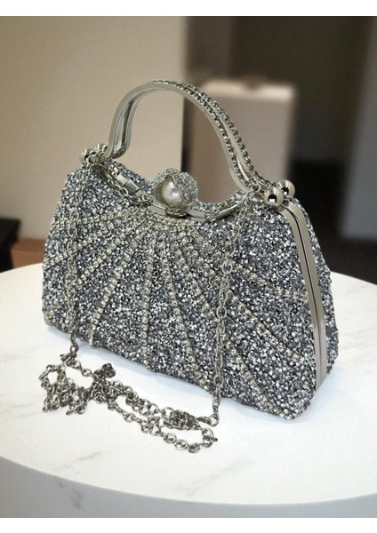 Gümüş Gri Lame Renk Taşlı Gümüş Detaylı Zincir Askılı Kadın Abiye Mezuniyet Kına Nişan Balo Çantası
