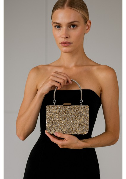 Altın Gold Dore Renk Taşlı Metal Saplı Büyük Boy Abiye Gece Çantası Nişan Düğün Davet Balo