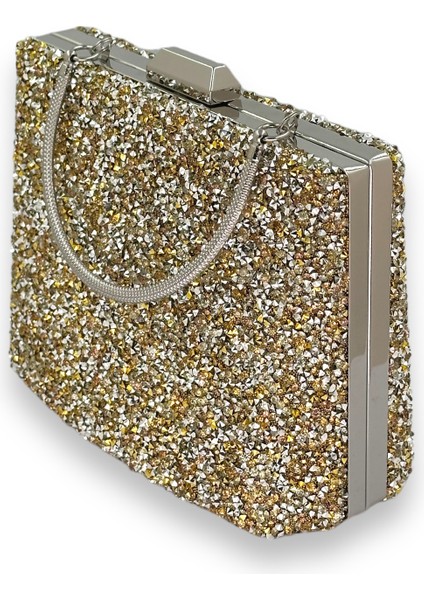 Altın Gold Dore Renk Taşlı Metal Saplı Büyük Boy Abiye Gece Çantası Nişan Düğün Davet Balo indirimleri