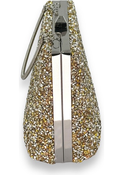 Altın Gold Dore Renk Taşlı Metal Saplı Büyük Boy Abiye Gece Çantası Nişan Düğün Davet Balo