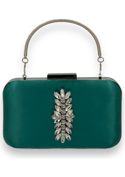Yeşil Renk Saten Gümüş Kasalı Gümüş Taşlı Kulplu Saplı Abiye Gece Çantası Düğün Portföy
