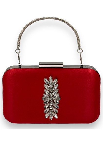 Kırmızı Renk Saten Gümüş Kasalı Gümüş Taşlı Kulplu Saplı Abiye Gece Çantası Düğün Portföy