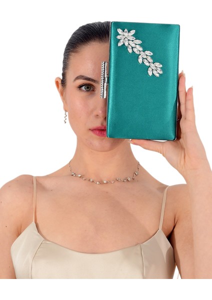 Yeşil Renk Saten Kristal Taşlı Abiye Çanta Düğün Nişan Gece Çantası El Yapımı Çanta