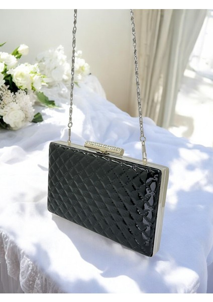Siyah Lüks Rugan Metal Saplı Kapitone Desenli Kadın Abye Çanta Düğün Nişan Mezuniyet indirimleri