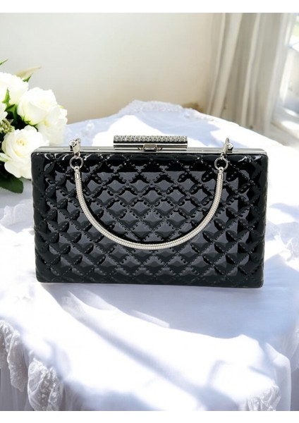 Siyah Lüks Rugan Metal Saplı Kapitone Desenli Kadın Abye Çanta Düğün Nişan Mezuniyet