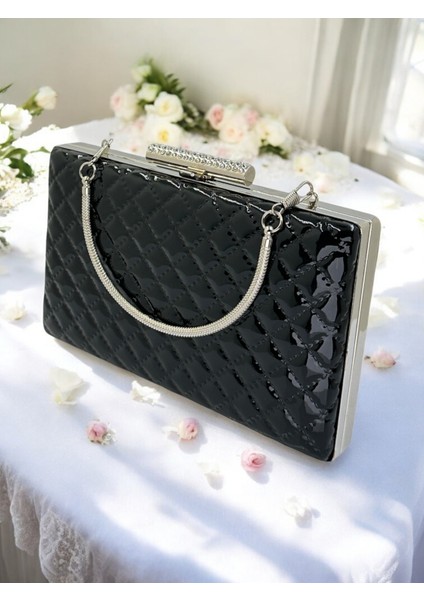 Siyah Lüks Rugan Metal Saplı Kapitone Desenli Kadın Abye Çanta Düğün Nişan Mezuniyet
