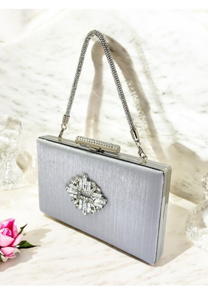 Gümüş Taşlı Saplı Renk El Izi Yapmayan Çizgili Saten Kristal Taşlı Kadın Abiye Çanta Düğün Nişan