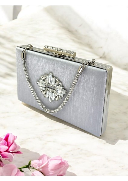 Gümüş Taşlı Saplı Renk El Izi Yapmayan Çizgili Saten Kristal Taşlı Kadın Abiye Çanta Düğün Nişan modelleri