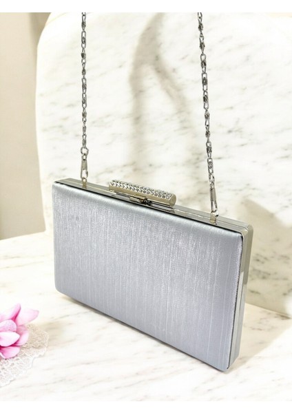 Gümüş Taşlı Saplı Renk El Izi Yapmayan Çizgili Saten Kristal Taşlı Kadın Abiye Çanta Düğün Nişan