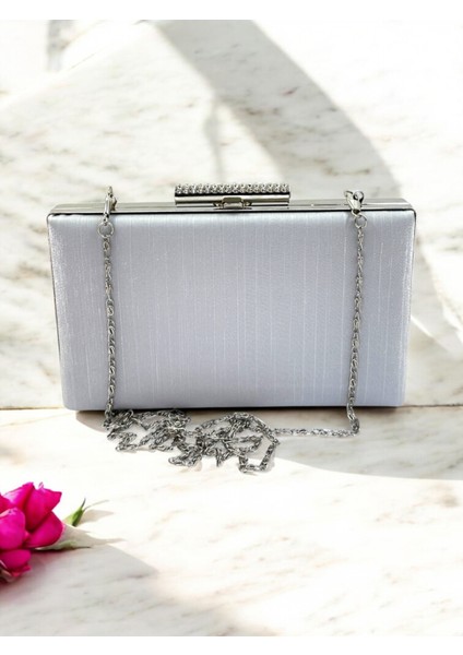 Gümüş Taşlı Saplı Renk El Izi Yapmayan Çizgili Saten Kristal Taşlı Kadın Abiye Çanta Düğün Nişan