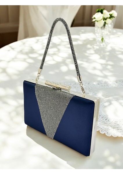 Lacivert Renk Saten Platin Renk Kristal Taşlı Saplı Kadın Abiye Çanta Düğün Mezuniyet Nişan