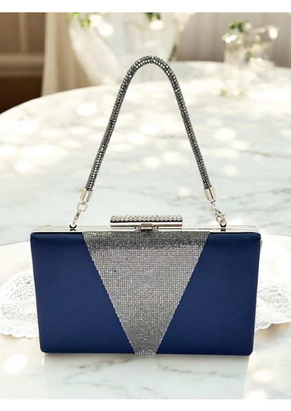Lacivert Renk Saten Platin Renk Kristal Taşlı Saplı Kadın Abiye Çanta Düğün Mezuniyet Nişan fiyatları
