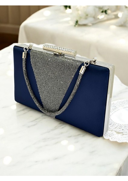 Lacivert Renk Saten Platin Renk Kristal Taşlı Saplı Kadın Abiye Çanta Düğün Mezuniyet Nişan modelleri