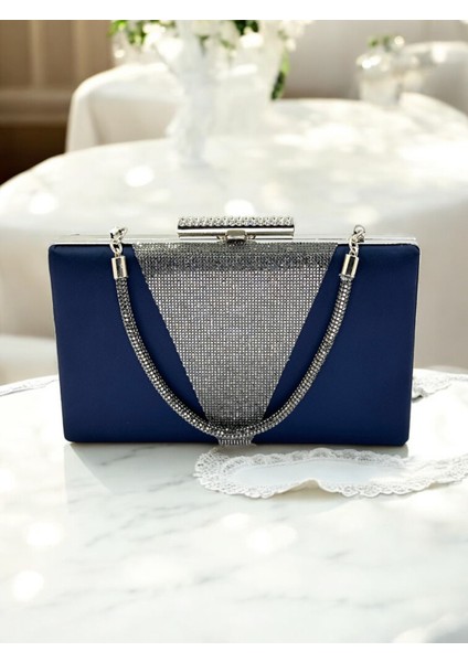 Lacivert Renk Saten Platin Renk Kristal Taşlı Saplı Kadın Abiye Çanta Düğün Mezuniyet Nişan fırsatları