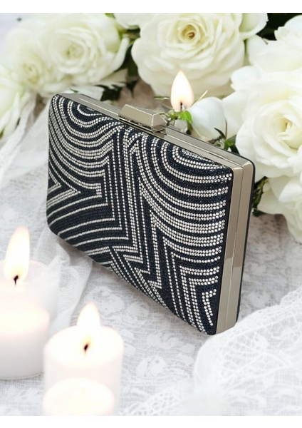 Lacivert Gümüş Renk Kristal Taşlı Abiye Çanta Düğün Nişan Kına Mezuniyet