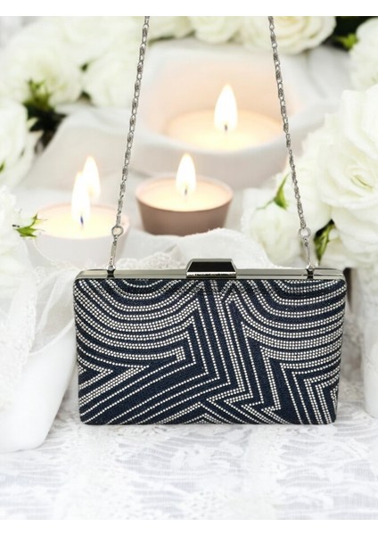 Lacivert Gümüş Renk Kristal Taşlı Abiye Çanta Düğün Nişan Kına Mezuniyet fırsatları