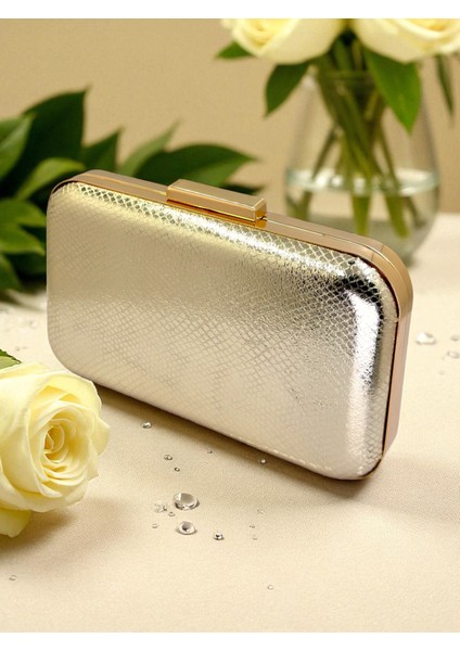 Altın Gold Dore Renk Yılan Desenli Parlak Deri Kadın Abiye Çanta Düğün Nişan Mezuniyet