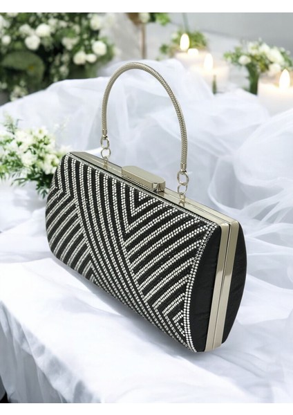 Özel Tasarım Siyah Gümüş Renk Metal Saplı Kristal Taşlı Abiye Çanta Düğün Nişan Kına Mezuniyet