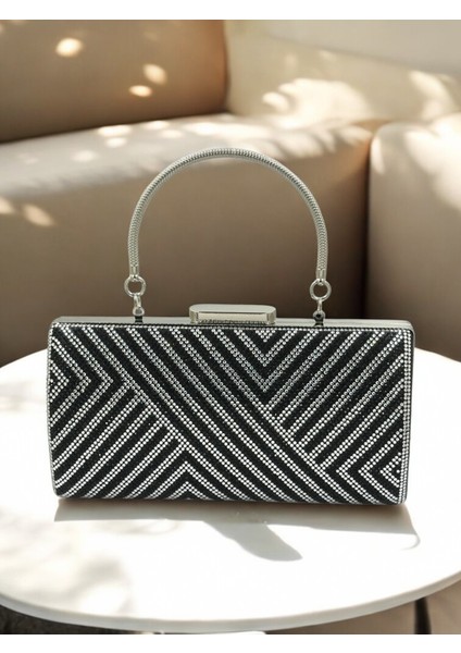 Özel Tasarım Siyah Gümüş Renk Metal Saplı Kristal Taşlı Abiye Çanta Düğün Nişan Kına Mezuniyet fiyatları