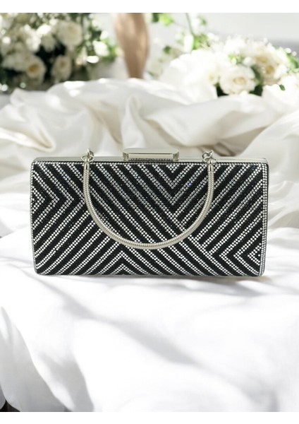 Özel Tasarım Siyah Gümüş Renk Metal Saplı Kristal Taşlı Abiye Çanta Düğün Nişan Kına Mezuniyet modelleri