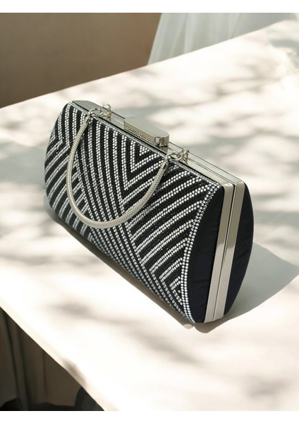 Özel Tasarım Siyah Gümüş Renk Metal Saplı Kristal Taşlı Abiye Çanta Düğün Nişan Kına Mezuniyet fırsatları