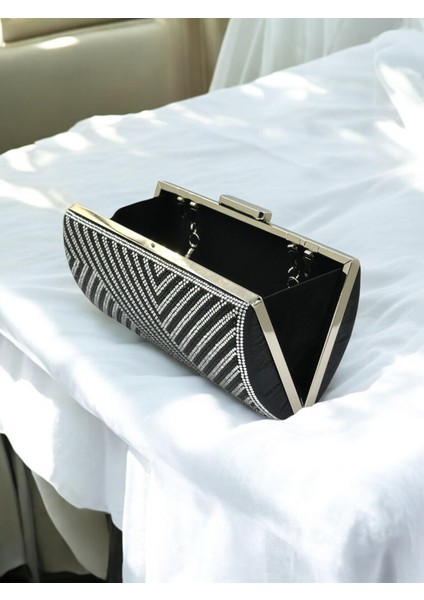 Özel Tasarım Siyah Gümüş Renk Metal Saplı Kristal Taşlı Abiye Çanta Düğün Nişan Kına Mezuniyet indirimleri