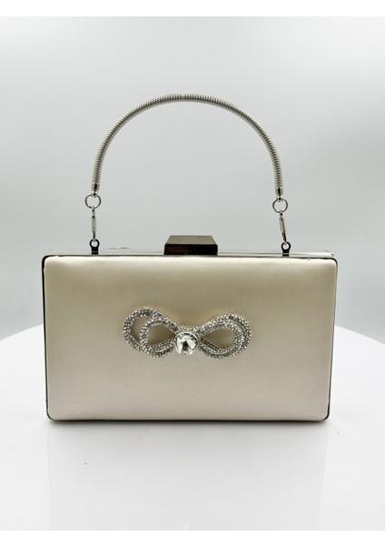 Ten Nude Renk Saten Gümüş Kasalı Gümüş Taşlı Abiye Çanta Gece Çantası Düğün Nişan Portföy