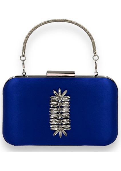 Saks Mavi Renk Saten Gümüş Kasalı Gümüş Taşlı Kulplu Saplı Abiye Gece Çantası Düğün Portföy