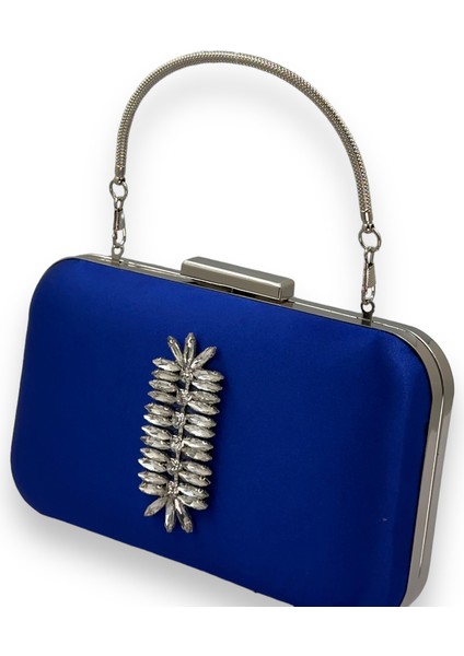 Saks Mavi Renk Saten Gümüş Kasalı Gümüş Taşlı Kulplu Saplı Abiye Gece Çantası Düğün Portföy fiyatları