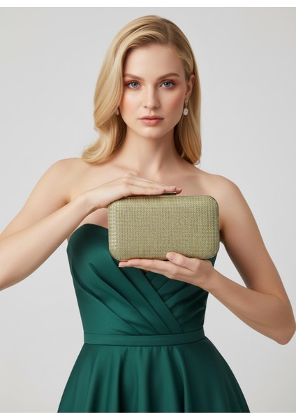 Altın Gold Renk Simli Tel Kırma Kadın Abiye Çanta Düğün Nişan Mezuniyet