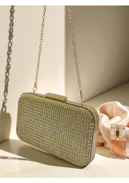 Altın Gold Renk Simli Tel Kırma Kadın Abiye Çanta Düğün Nişan Mezuniyet