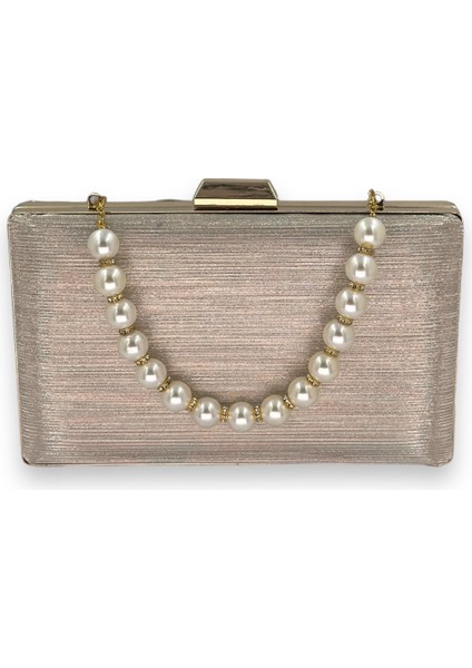 Altın Gold Renk Ithal Lazer Desenli Çizgili Incili Saplı Abiye Gece Çantası Nişan Düğün Davet Balo