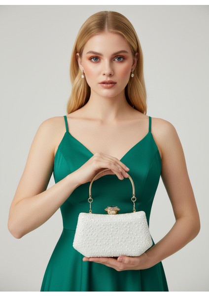 Ekru Renk Taşlı Inci Detaylı Saplı Kadın Abiye Çanta Düğün Nişan Mezuniyet