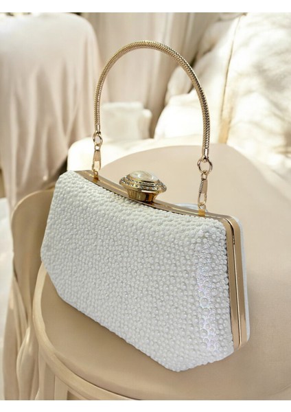 Ekru Renk Taşlı Inci Detaylı Saplı Kadın Abiye Çanta Düğün Nişan Mezuniyet fiyatları