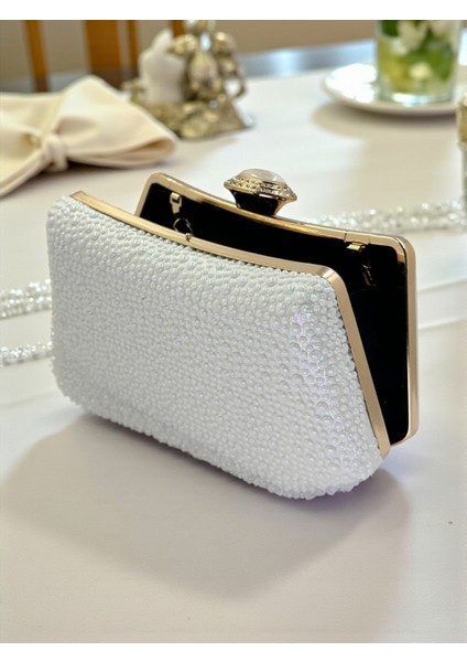 Ekru Renk Taşlı Inci Detaylı Saplı Kadın Abiye Çanta Düğün Nişan Mezuniyet modelleri