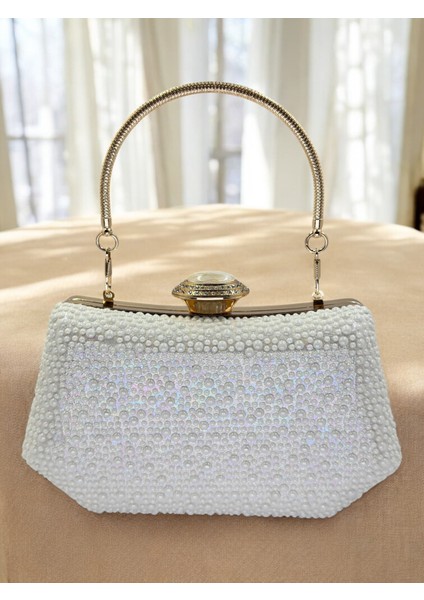 Ekru Renk Taşlı Inci Detaylı Saplı Kadın Abiye Çanta Düğün Nişan Mezuniyet fırsatları