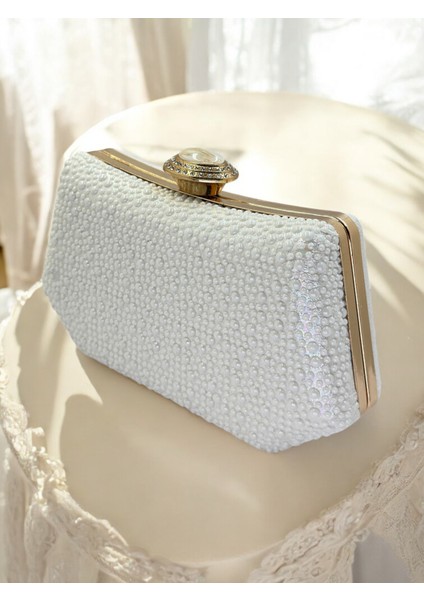 Ekru Renk Taşlı Inci Detaylı Saplı Kadın Abiye Çanta Düğün Nişan Mezuniyet indirimleri