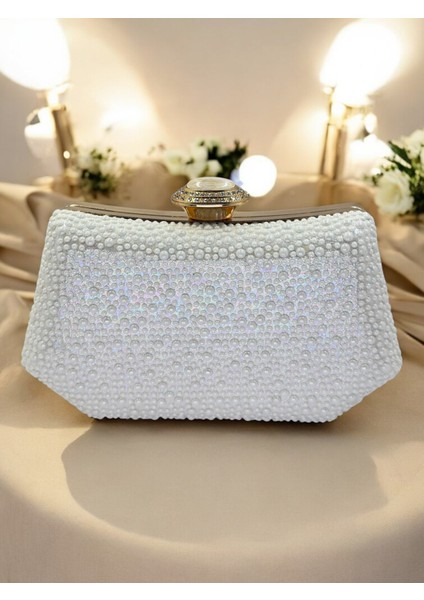 Ekru Renk Taşlı Inci Detaylı Saplı Kadın Abiye Çanta Düğün Nişan Mezuniyet