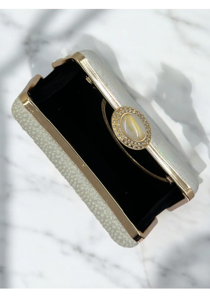 Ekru Renk Taşlı Inci Detaylı Saplı Kadın Abiye Çanta Düğün Nişan Mezuniyet