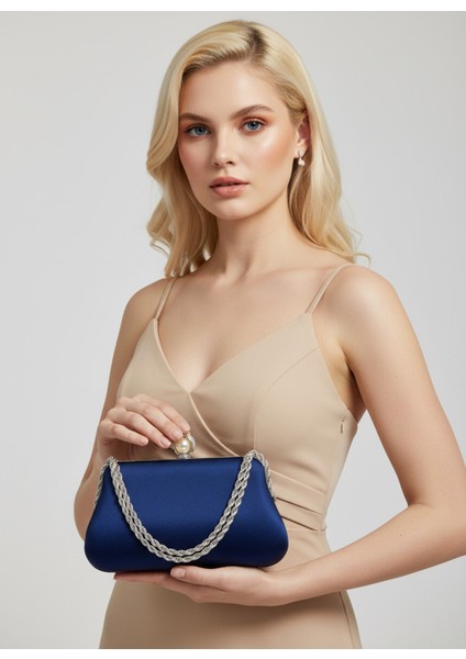 Lacivert Renk Simli Saten Gümüş ve Inci Detaylı Zincir Askılı Kadın Abiye Çanta Düğün Nişan Balo