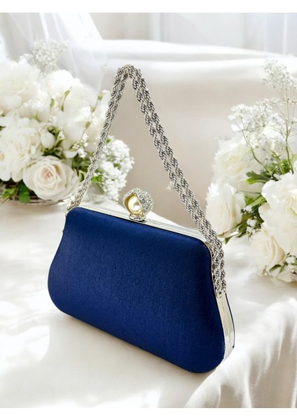 Lacivert Renk Simli Saten Gümüş ve Inci Detaylı Zincir Askılı Kadın Abiye Çanta Düğün Nişan Balo fiyatları
